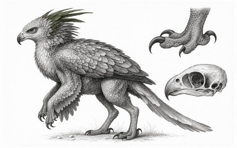 Engraved naturalist specimen plate of an invented feathered predator in profile, with separate detail studies of its foot and skull.