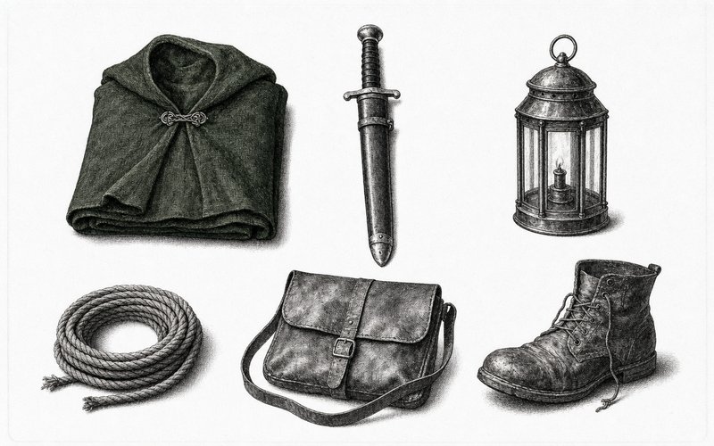 Engraved outfitter's plate showing a folded cloak, a sheathed short sword, a lantern, a coil of rope, a satchel and a worn boot laid out flat.