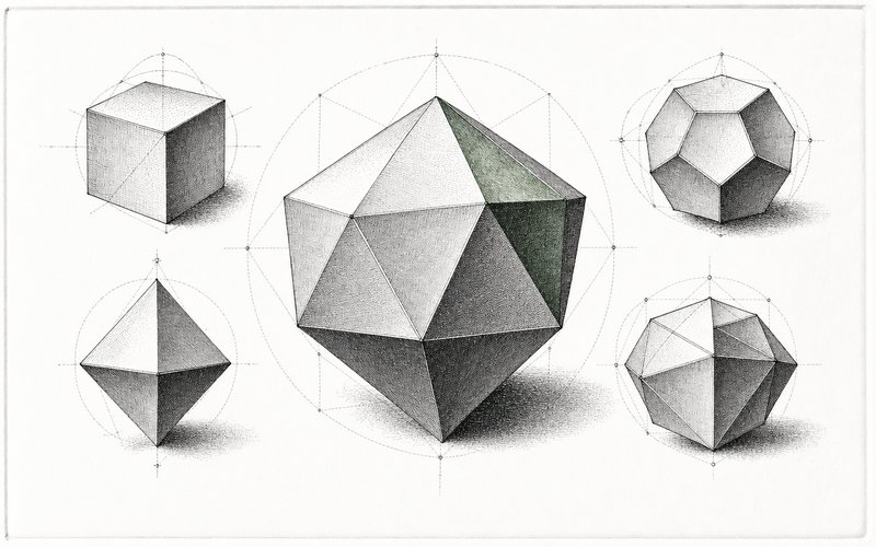 Engraved geometry plate comparing a large twenty-sided solid with smaller studies of a cube, an octahedron and a dodecahedron, faces left blank.