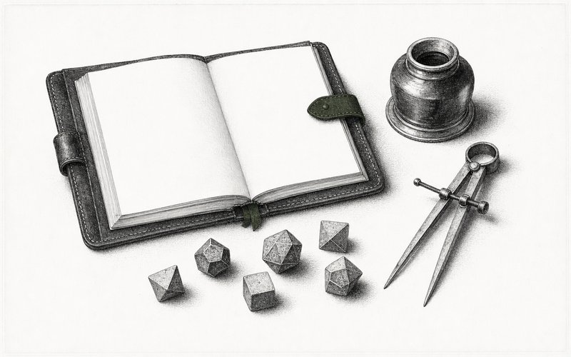 Engraved plate of an open folio with blank pages, a scattering of polyhedral dice, a pair of dividers and an inkwell.